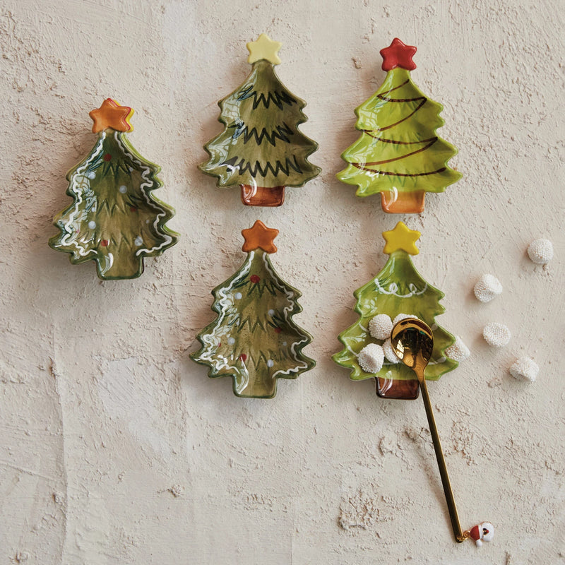 Design Shop Hand-Painted Stoneware Christmas Tree Dish w/ Star, Set of 4.